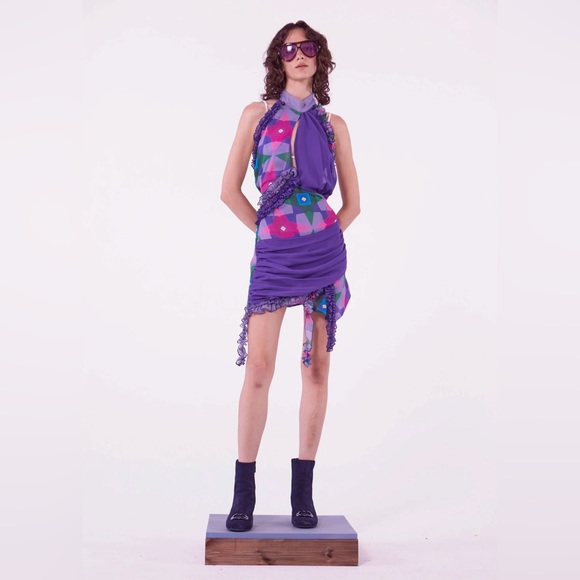 NWT ANIM Helmut Purple Floral Halter Mini Dress - Picture 2 of 8